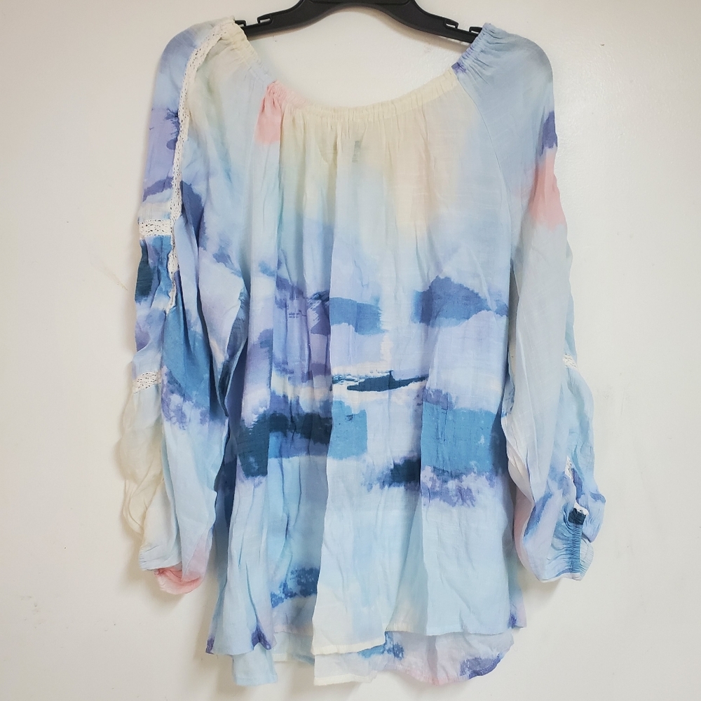 Zac & Rachel Blouse Womens 1X Blue White Watercolor Sheer Balloon Sleeve Tunic